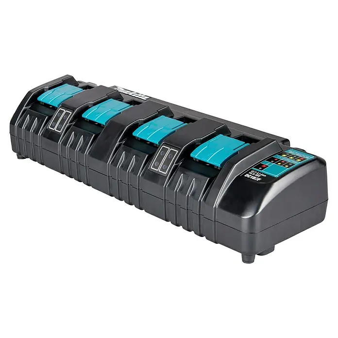 Makita LXT 18V Ladegerät DC18SF - Passend für: Makita Li-Ionen-Akkus 14,4 - 18 V - Schwarzes Makita 4-Port-Akku-Ladegerät DC18SF mit türkisen Akzenten und Ladeanzeigen.