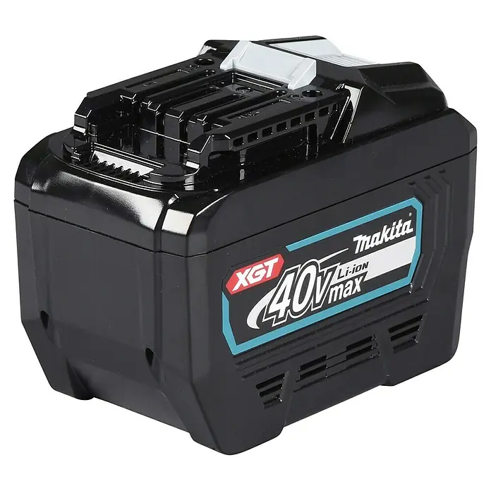 Makita XGT 40V max. Akku BL4080F - 40 V, 8 Ah, Li-Ionen - Schwarzer Makita XGT 40V max Li-Ionen-Akku mit blaugrünem und weißem Etikett auf schwarzem Kunststoffgehäuse.