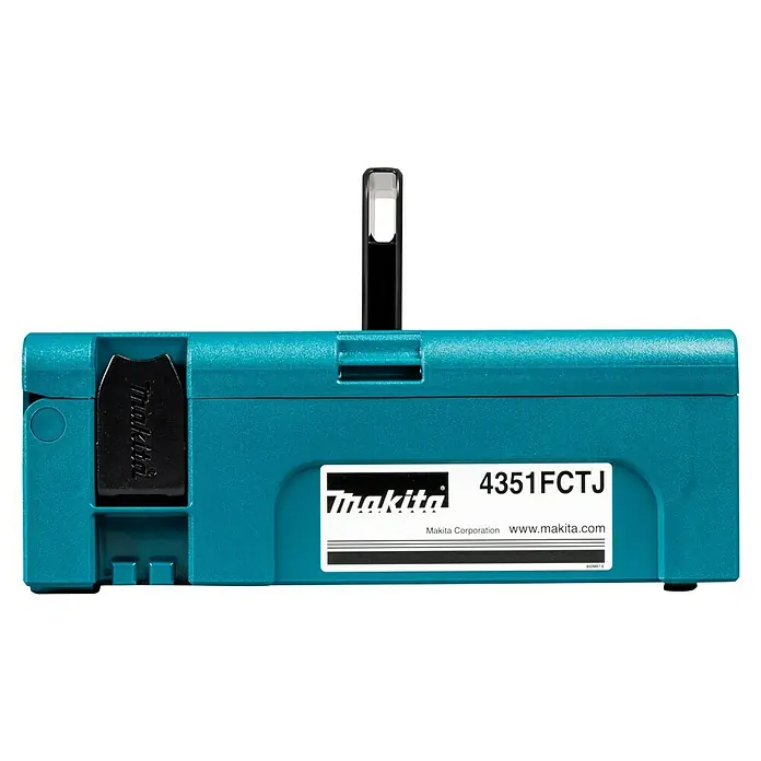 Makita Caladora eléctrica 4351FCTJ - 800 /min - 2.800 /min, Profundidad de corte máx. en madera: 135 mm, Número de niveles de elevación del péndulo: 4 ud. - Una caja de herramientas Makita turquesa con asa negra y una etiqueta que muestra 'Makita 4351FCTJ' y 'www.makita.com'.