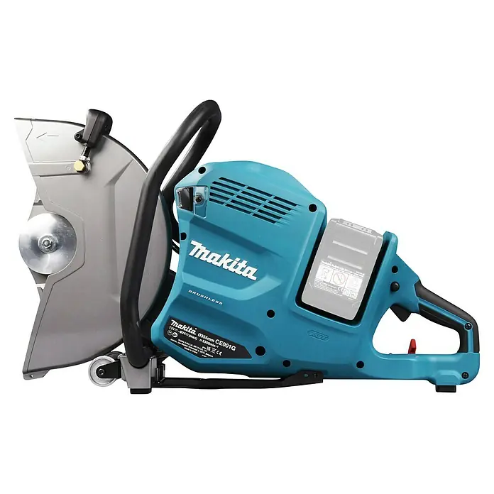 Makita XGT 40V max. Amoladora tronzadora de batería CE001GZ - 80 V, Sin batería, 5.300 r.p.m. - Sierra tronzadora inalámbrica Makita turquesa y gris con gran protector de hoja.