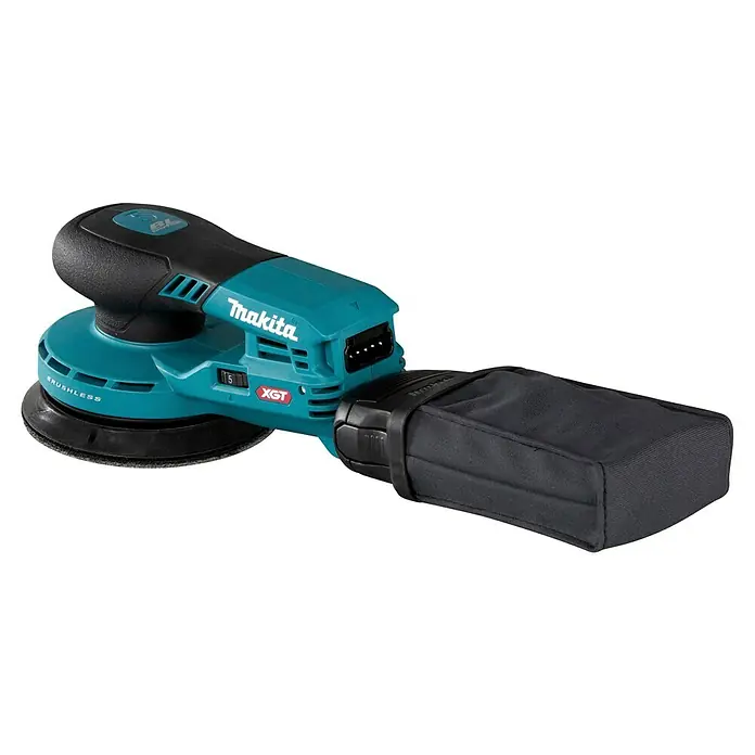 Makita XGT 40V max. Akku-Exzenterschleifer - 40 V, Ohne Akku, Durchmesser Schleifteller: 125 mm - Makita bürstenloser Exzenterschleifer in Türkis und Schwarz mit Staubbeutel.