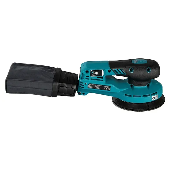Makita XGT 40V max. Akku-Exzenterschleifer - 40 V, Ohne Akku, Durchmesser Schleifteller: 125 mm - Türkisfarbener und schwarzer Exzenterschleifer mit anliegendem dunkelgrauem Staubsack, von der Seite gesehen.
