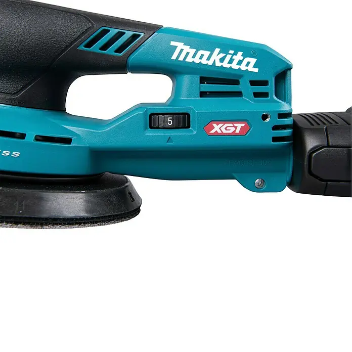 Makita XGT 40V max. Akku-Exzenterschleifer BO004CGZ - 40 V, Ohne Akku, Durchmesser Schleifteller: 150 mm - Türkiser und schwarzer Makita Exzenterschleifer mit Geschwindigkeitsregler auf '5', Makita- und XGT-Logos.