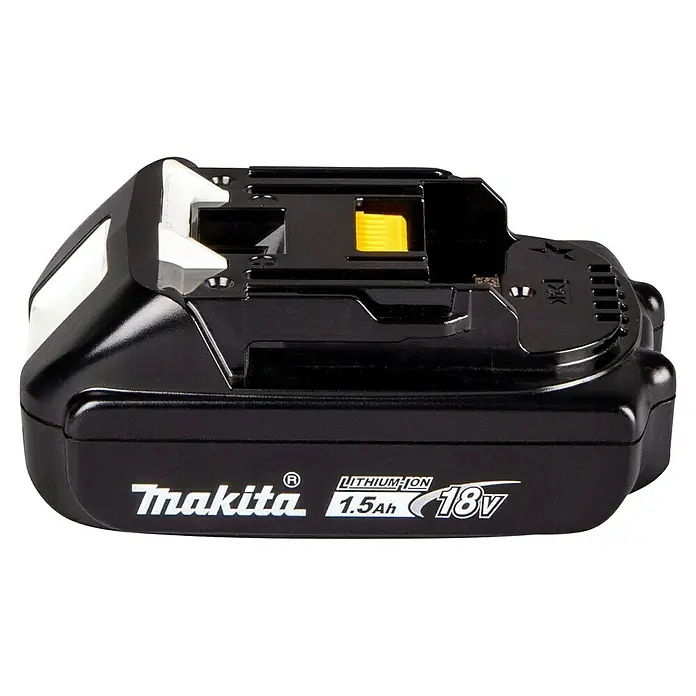 Makita LXT 18V Akku BL1815N - 18 V, 1,5 Ah - Schwarzer Makita 18V 1,5Ah Lithium-Ionen Akku für Elektrowerkzeuge mit weißem Branding und gelbem Entriegelungsknopf.