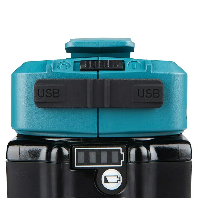 Makita LXT 18V Akku-Adapter DECADP05 - Passend für: Makita Li-Ionen Akkus 14,4 V, Makita Li-Ionen Akkus 18 V - Türkis-schwarzer USB-Stromadapter mit zwei USB-Anschlüssen, einem Schiebeschalter und einer Batterieanzeige.
