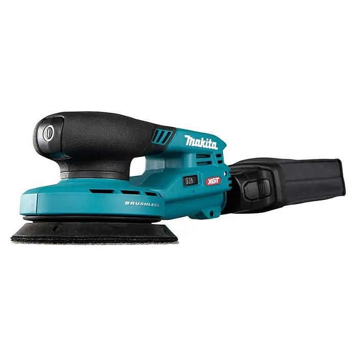 Makita XGT 40V max. Akku-Exzenterschleifer - 40 V, Ohne Akku, Durchmesser Schleifteller: 125 mm - Türkiser und schwarzer Makita bürstenloser Exzenterschleifer mit Staubfangbeutel.