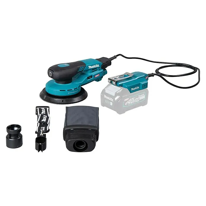 Makita XGT 40V max. Akku-Exzenterschleifer BO004CGZ - 40 V, Ohne Akku, Durchmesser Schleifteller: 150 mm - Blau-schwarzer Makita Exzenterschleifer mit Kabel-Netzteil, Staubbeutel, Gurt und Adapterstück.