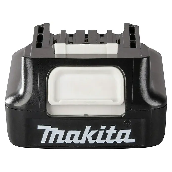 Makita CXT 12V max. Akku BL1021B - 12 V, 2 Ah - Schwarzer Makita Akku mit weißem Entriegelungsknopf und grauem Anschluss oben.