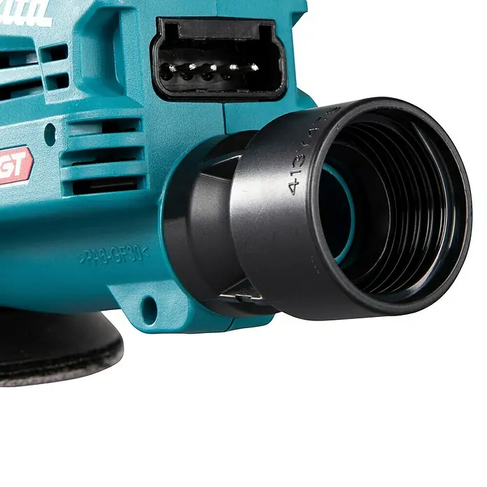 Makita XGT 40V max. Akku-Exzenterschleifer - 40 V, Ohne Akku, Durchmesser Schleifteller: 125 mm - Türkiser Elektrowerkzeugteil mit schwarzem Staubabsauganschluss und mehrpoligem Stecker.