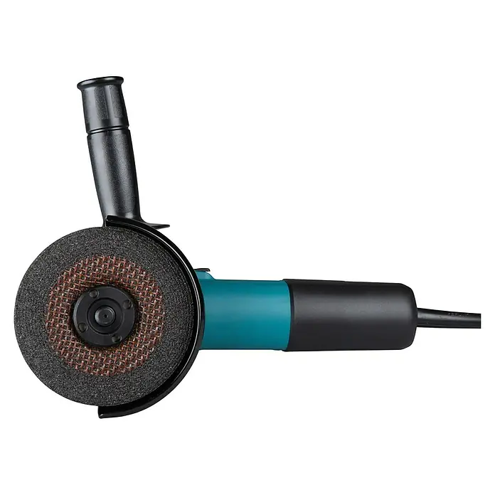 Makita Elektro-Winkelschleifer 9558HNRZ - 840 W, Leerlaufdrehzahl: 11.000 U/min - Ein schwarz-türkiser Winkelschleifer mit einer dunkelgrauen Schleifscheibe.