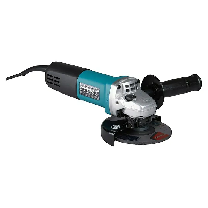 Makita Elektro-Winkelschleifer 9558HNRZ - 840 W, Leerlaufdrehzahl: 11.000 U/min - Makita Winkelschleifer mit türkisfarbenem und schwarzem Gehäuse, silbernem Kopf und schwarzem Seitenhandgriff, mit Trennscheibe.