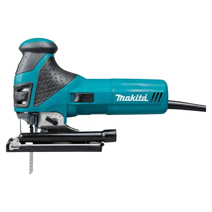 Makita Caladora eléctrica 4351FCTJ - 800 /min - 2.800 /min, Profundidad de corte máx. en madera: 135 mm, Número de niveles de elevación del péndulo: 4 ud. - Una sierra de calar Makita turquesa y negra con hoja de sierra, empuñadura cómoda y base plana de corte.