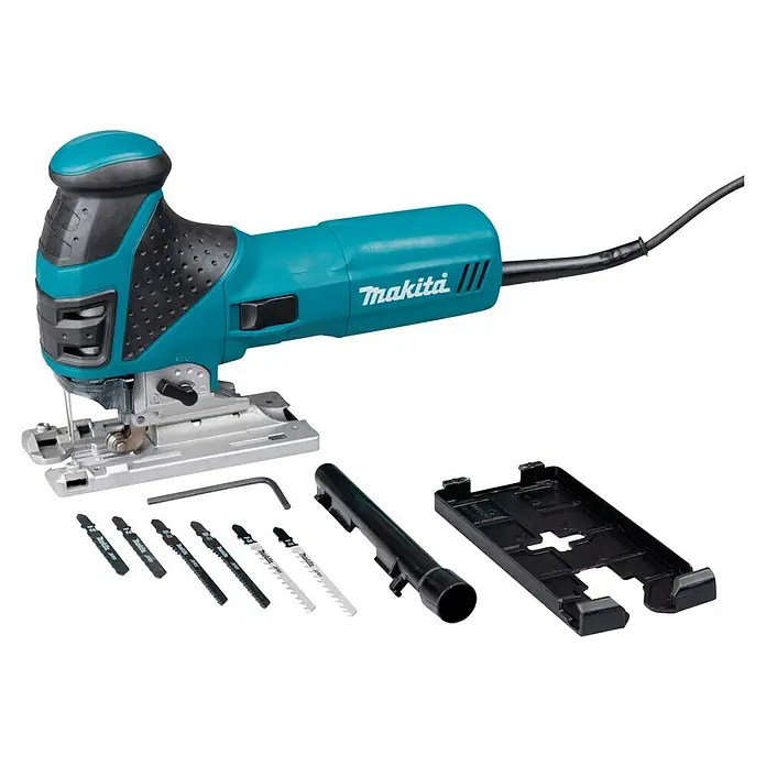 Makita Elektro-Pendelhubstichsäge 4351FCTJ - 800 /min - 2.800 /min, Max. Schnitttiefe in Holz: 135 mm, Anzahl Pendelhubstufen: 4 Stk. - Türkis-schwarze Makita Stichsäge mit silberner Basis, dazu verschiedene Stichsägeblätter, ein Inbusschlüssel, eine Staubdüse und eine Grundplattenabdeckung.