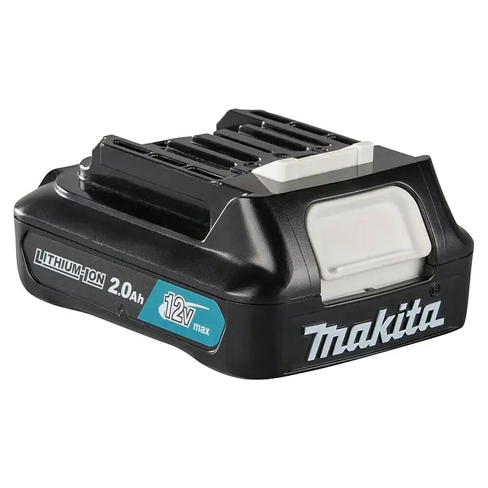 Makita CXT 12V max. Akku BL1021B - 12 V, 2 Ah - Schwarzer Makita 12V max 2.0Ah Lithium-Ionen-Akkupack mit weißen und hellblauen Beschriftungen.