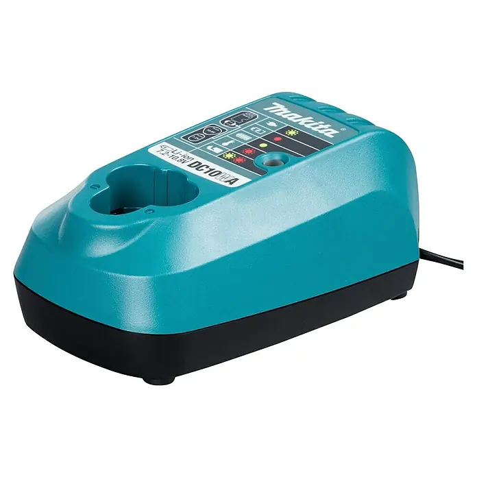 Makita Ladegerät DC10WA - Passend für: Makita Li-Ionen-Blockakkus 7,2 - 10,8 V - Makita DC10WA Li-ion 7,2-10,8V Akku-Ladegerät, türkis-schwarz, mit LED-Anzeigen.