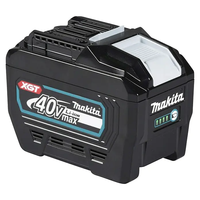 Makita XGT 40V max. Akku BL4080F - 40 V, 8 Ah, Li-Ionen - Schwarzer Makita XGT 40V Max Li-Ion Akku mit blau-weißer Beschriftung und Ladeanzeige für Elektrowerkzeuge.