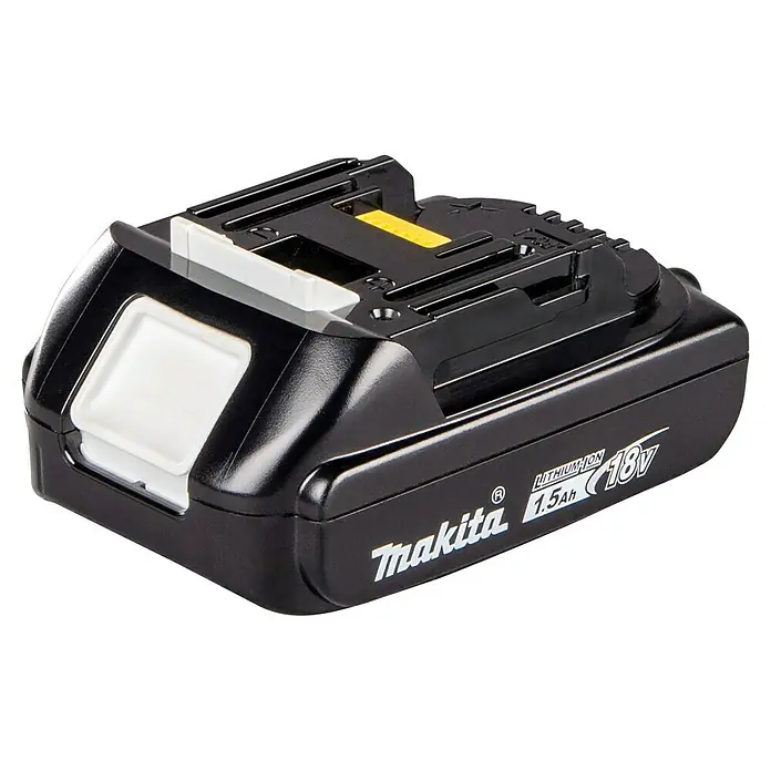 Makita LXT 18V Akku BL1815N - 18 V, 1,5 Ah - Schwarzer Makita 18V 1,5Ah Lithium-Ionen-Akku mit weißen Entriegelungsknöpfen und gelben Anschlüssen.