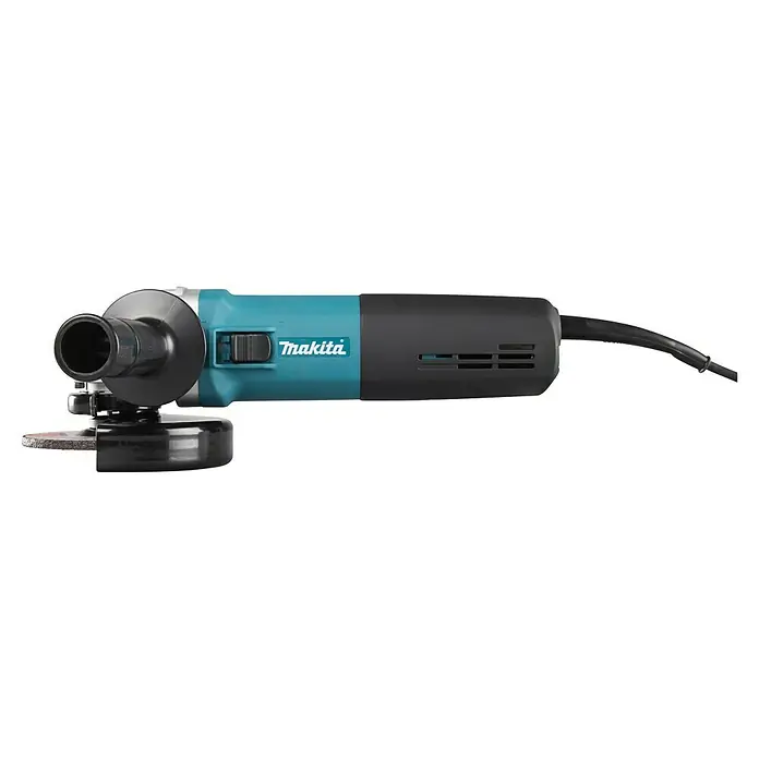 Makita Amoladora angular eléctrica 9565CR - 1.400 W, 11.000 r.p.m. - Una amoladora angular Makita turquesa y negra con disco de corte y protector.