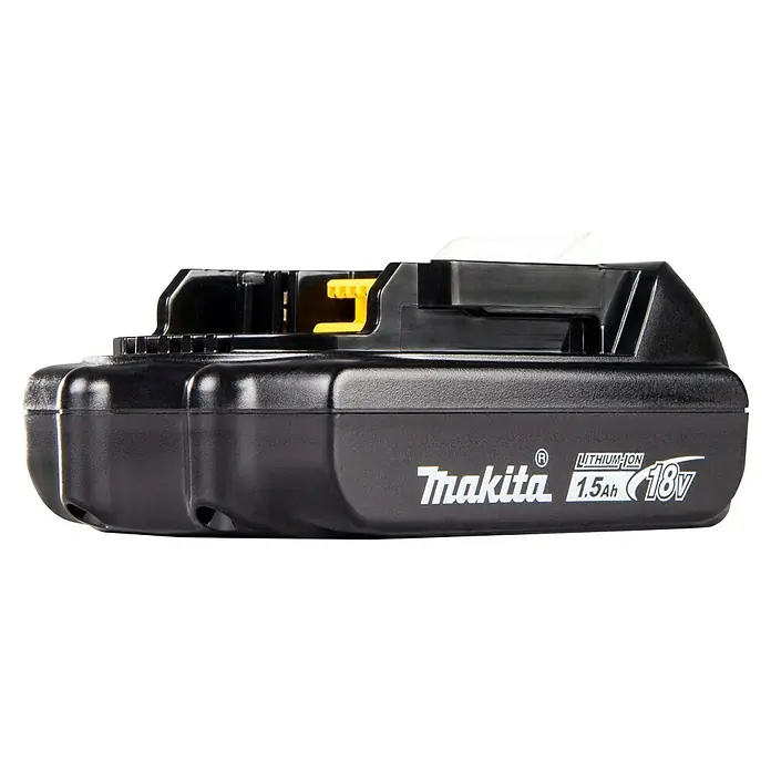Makita LXT 18V Akku BL1815N - 18 V, 1,5 Ah - Schwarzer Makita 18V 1.5Ah Lithium-Ionen Akku für Elektrowerkzeuge mit gelbem Entriegelungsclip.