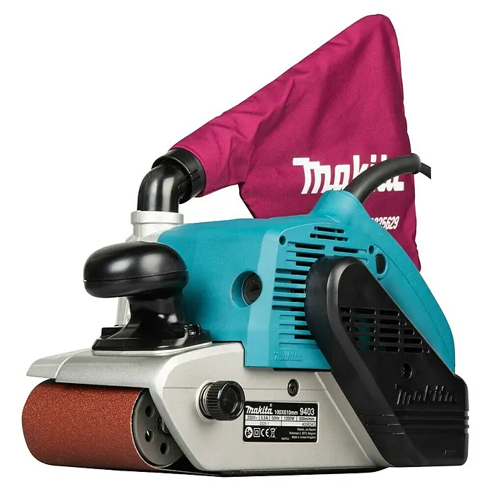 Makita Elektro-Bandschleifmaschine 9403J - 1.200 W - Makita Bandschleifer in Türkis, Silber und Schwarz mit magenta Staubbeutel.