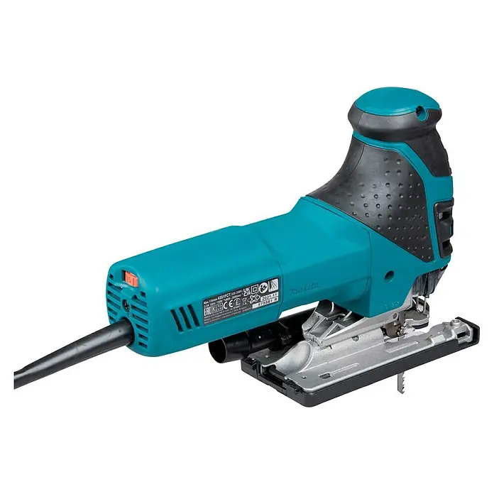 Makita Caladora eléctrica 4351FCTJ - 800 /min - 2.800 /min, Profundidad de corte máx. en madera: 135 mm, Número de niveles de elevación del péndulo: 4 ud. - Sierra de calar Makita turquesa y negra con base plateada, lista para cortar.