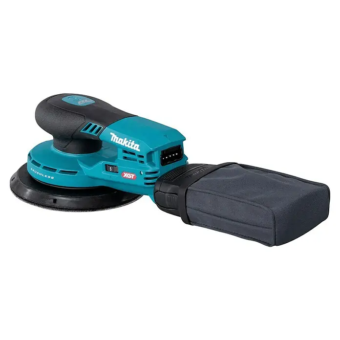 Makita XGT 40V max. Lijadora excéntrica de batería BO004CGZ -  - Lijadora orbital sin escobillas Makita turquesa y negra con bolsa de polvo.