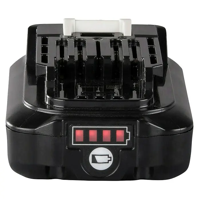 Makita CXT 12V max. Akku BL1021B - 12 V, 2 Ah - Schwarzer Akku für Elektrowerkzeuge mit drei leuchtenden roten Ladebalken und einem weißen Entriegelungsclip oben.
