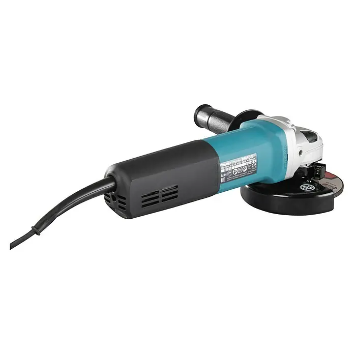 Makita Amoladora angular eléctrica 9565CR - 1.400 W, 11.000 r.p.m. - Amoladora angular Makita negra y turquesa con cabezal plateado y disco de corte.