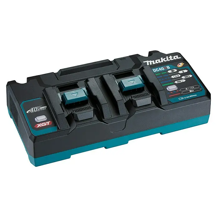 Makita XGT 40V max. Batterie-Ladegerät Doppel-Schnellladegerät - 40 V - Makita DC40B Dual-Lader für 40Vmax XGT Li-ion Akkus, schwarz und türkis.