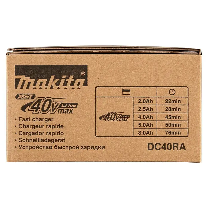 Makita XGT 40V max. Schnellladegerät DC40RA - Passend für: Makita 40 V max. XGT-Akkus - Brauner Makita XGT 40V Li-ion Schnellladerkarton mit Batteriekapazitäten (2.0Ah-8.0Ah) und Ladezeiten (22-76min). Modell DC40RA.