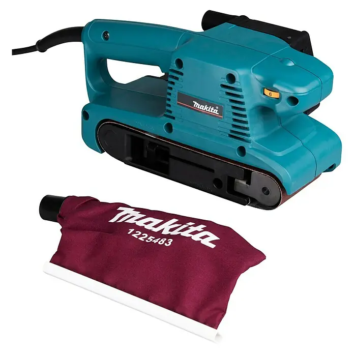 Makita Elektro-Bandschleifmaschine 9911J - 650 W - Türkiser und schwarzer Makita Bandschleifer mit bordeauxrotem Staubfangsack.