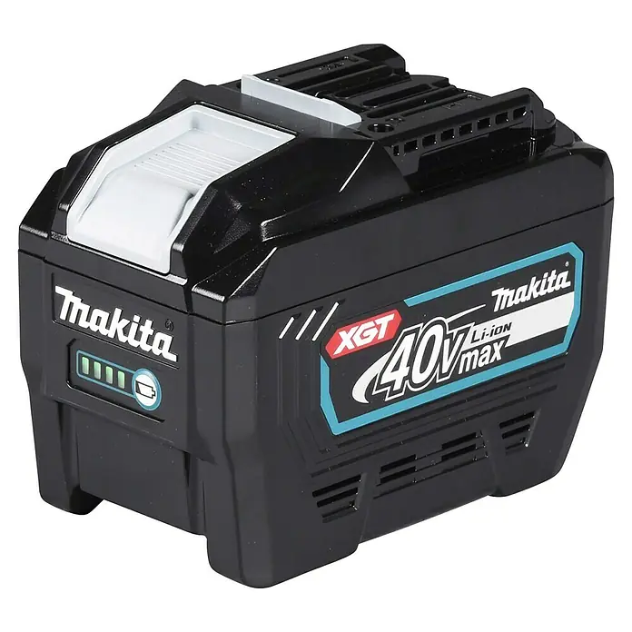 Makita XGT 40V max. Akku BL4080F - 40 V, 8 Ah, Li-Ionen - Schwarzer Makita XGT 40V Li-ion max Akku mit Ladeanzeige und blau-rotem Branding.