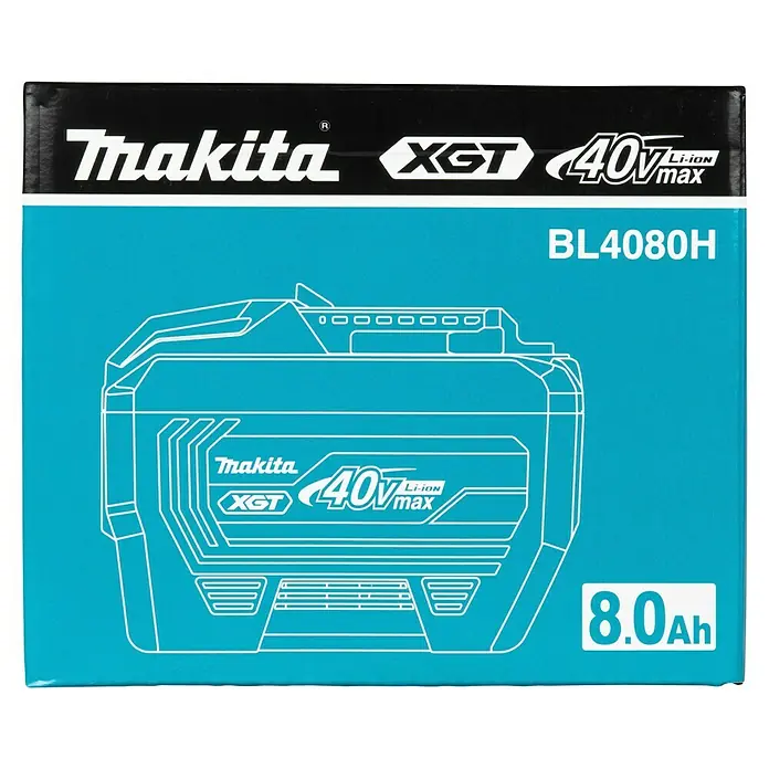 Makita XGT 40V max. Akku BL4080H - 40 V, 8 Ah - Makita XGT 40Vmax 8.0Ah BL4080H Akku-Box, schwarz und türkis, mit weißem Text und einer Strichzeichnung des Akkus.