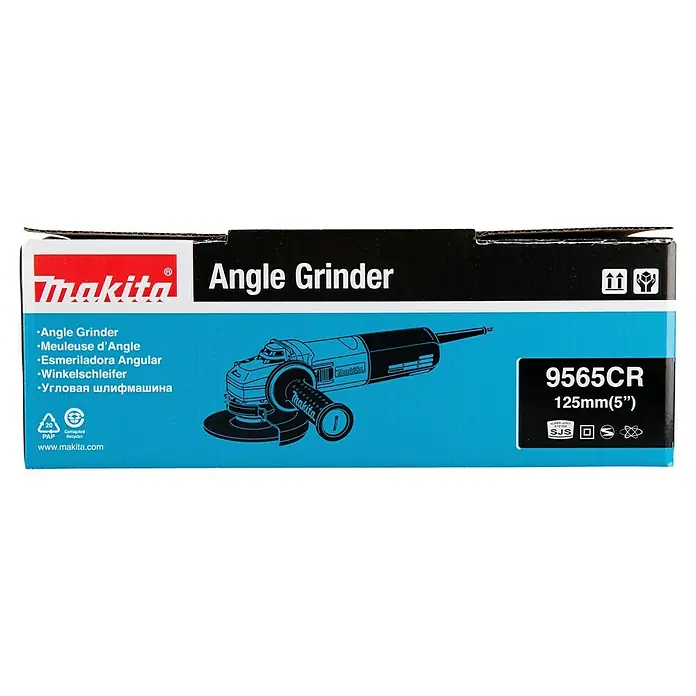 Makita Amoladora angular eléctrica 9565CR - 1.400 W, 11.000 r.p.m. - Caja de amoladora angular Makita 9565CR, 125mm (5"), embalaje negro y azul con ilustración.