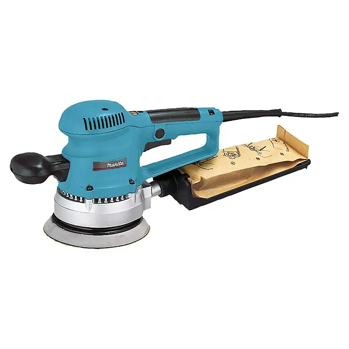 Makita Elektro-Exzenterschleifer BO6030JX - 310 W, Durchmesser Schleifteller: 150 mm - Blauer und schwarzer Makita Exzenterschleifer mit silberner Basis und angehängtem braunem Staubsack.