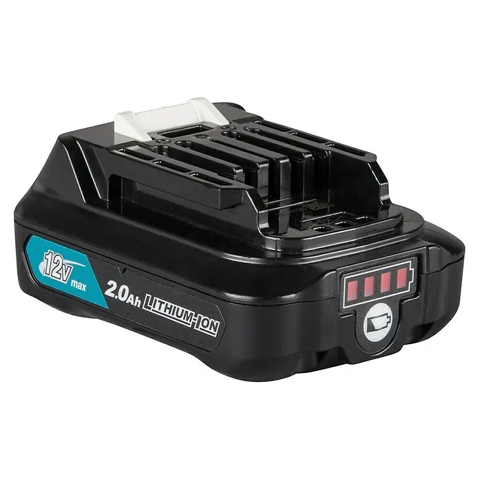 Makita CXT 12V max. Akku BL1021B - 12 V, 2 Ah - Schwarzer 12V max 2.0Ah Lithium-Ionen-Akku mit blauem Etikett und vierstufiger Ladeanzeige.