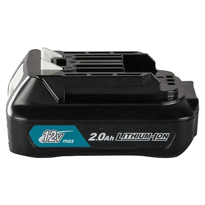 Makita CXT 12V max. Akku BL1021B - 12 V, 2 Ah - Schwarzer 12V 2.0Ah Lithium-Ionen Akku für Elektrowerkzeuge mit weißen Anschlussakzenten.
