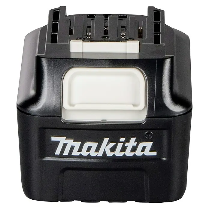 Makita CXT 12V max. Akku BL1041B - 12 V, 4 Ah - Schwarzer Makita-Akku für Elektrowerkzeuge mit weißem Entriegelungsknopf und Metallkontakten.