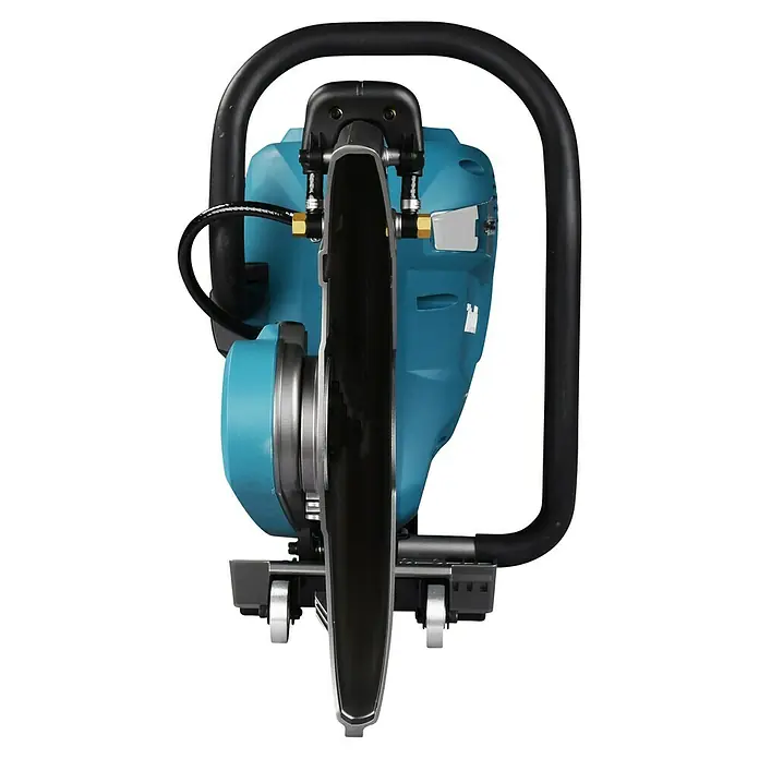 Makita XGT 40V max. Akku-Trennschleifer - Ohne Akku, 5.300 U/min - Türkisfarbene Betonsäge mit großem Sägeblatt, schwarzem Griff und unteren Führungsrollen, von oben gesehen.
