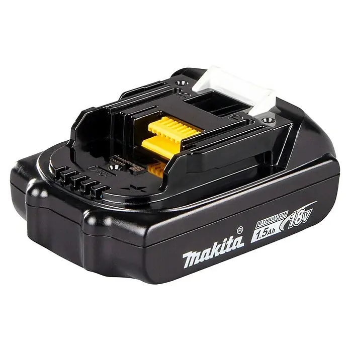 Makita LXT 18V Akku BL1815N - 18 V, 1,5 Ah - Schwarzer Makita 18V 1.5Ah Li-Ion Akku mit gelber Anschlussabdeckung und weißem Entriegelungsknopf.