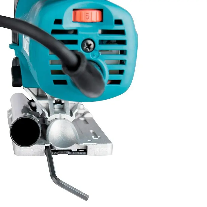 Makita Caladora eléctrica 4351FCTJ - 800 /min - 2.800 /min, Profundidad de corte máx. en madera: 135 mm, Número de niveles de elevación del péndulo: 4 ud. - Primer plano de una sierra de calar turquesa con cable negro, dial de velocidad rojo (5), base plateada y llave Allen.