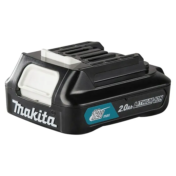 Makita CXT 12V max. Akku BL1021B - 12 V, 2 Ah - Schwarzer Makita 12V max 2.0Ah Lithium-Ionen-Akku für Elektrowerkzeuge mit weißen Entriegelungstasten und türkisfarbener Beschriftung.