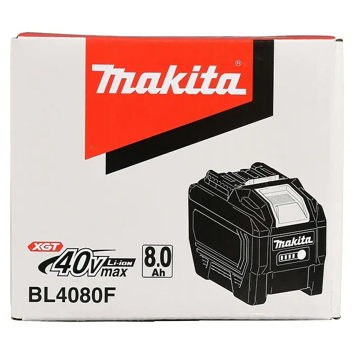 Makita XGT 40V max. Akku BL4080F - 40 V, 8 Ah, Li-Ionen - Makita XGT 40V max, 8.0 Ah Li-Ion Akku BL4080F in weiß-roter Verpackung mit schwarzer Akku-Konturzeichnung.