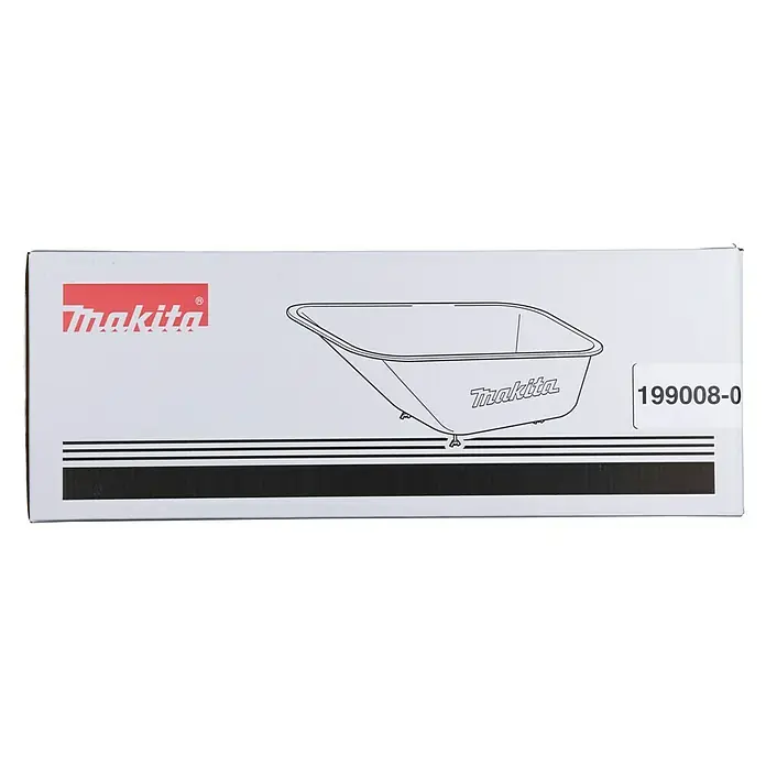 Makita Transportwanne - 880 x 590 x 300 mm, 90 l - Weiße Makita-Box mit einer Abbildung einer Schubkarrenmulde und Produktnummer 199008-0.