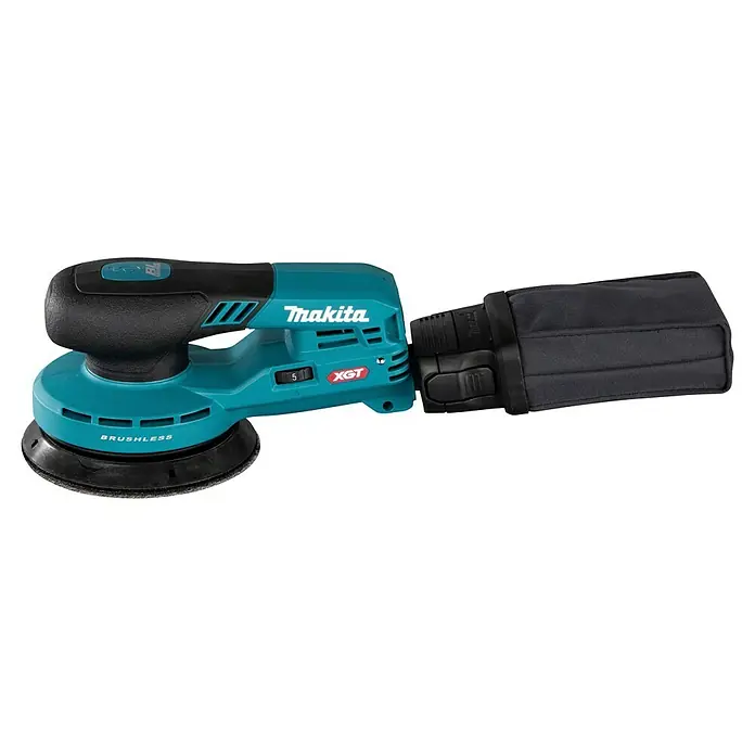 Makita XGT 40V max. Lijadora excéntrica de batería BO001CG -  - Lijadora orbital aleatoria inalámbrica Makita azul turquesa y negra con bolsa de polvo.