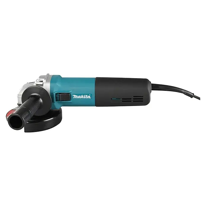 Makita Amoladora angular eléctrica 9565CR - 1.400 W, 11.000 r.p.m. - Amoladora angular Makita con cuerpo turquesa y negro, cabezal plateado, mango lateral negro y protector de seguridad.