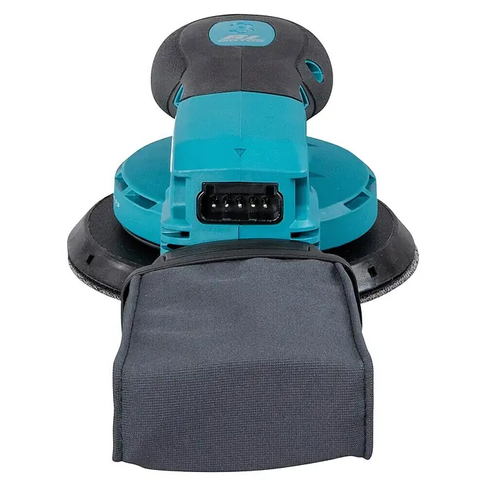 Makita XGT 40V max. Lijadora excéntrica de batería BO004CGZ -  - Lijadora orbital aleatoria inalámbrica en turquesa y gris oscuro, con bolsa de polvo y conector de batería visible.