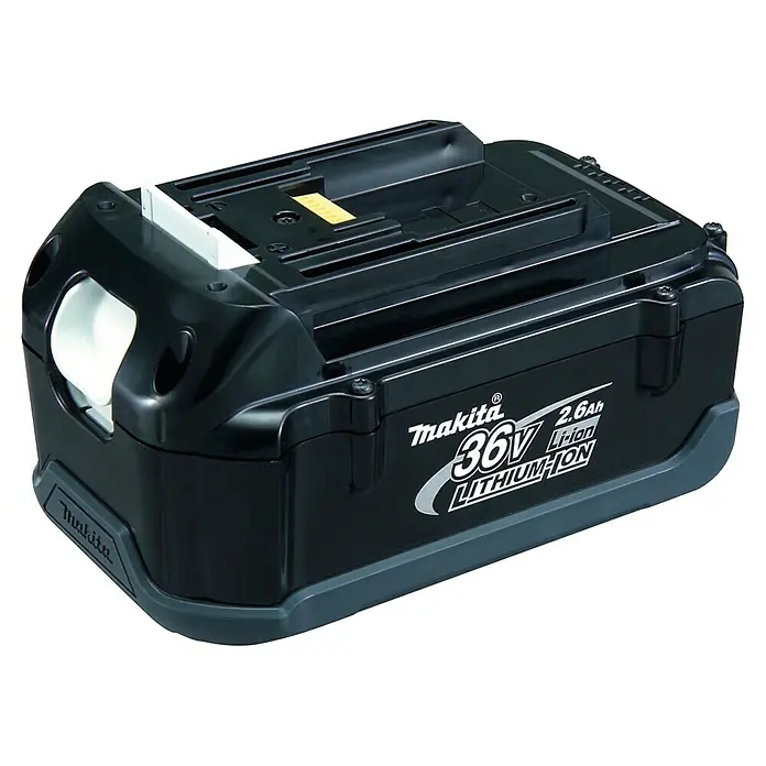 Makita Akku BL3626 - 36 V, 2,6 Ah - Schwarzer Makita 36V 2.6Ah Li-ion Akku mit dunkelgrauer Basis für Elektrowerkzeuge.