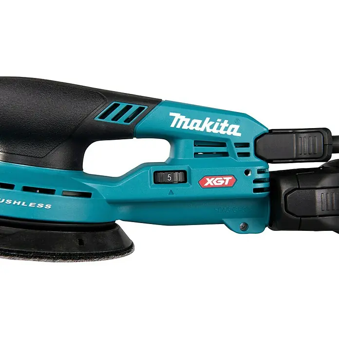 Makita XGT 40V max. Akku-Exzenterschleifer - 40 V, Ohne Akku, Durchmesser Schleifteller: 125 mm - Türkiser und schwarzer Makita bürstenloser Exzenterschleifer mit Drehzahlregler auf Stufe 5 und XGT-Branding.