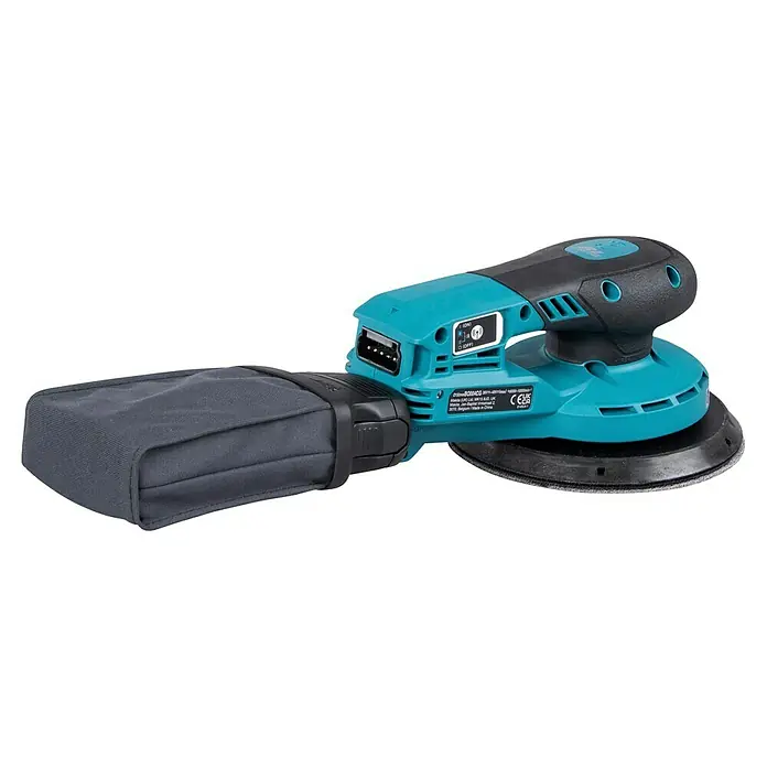 Makita XGT 40V max. Akku-Exzenterschleifer BO004CGZ - 40 V, Ohne Akku, Durchmesser Schleifteller: 150 mm - Türkis-schwarzer Exzenterschleifer mit angebautem grauem Staubsack.